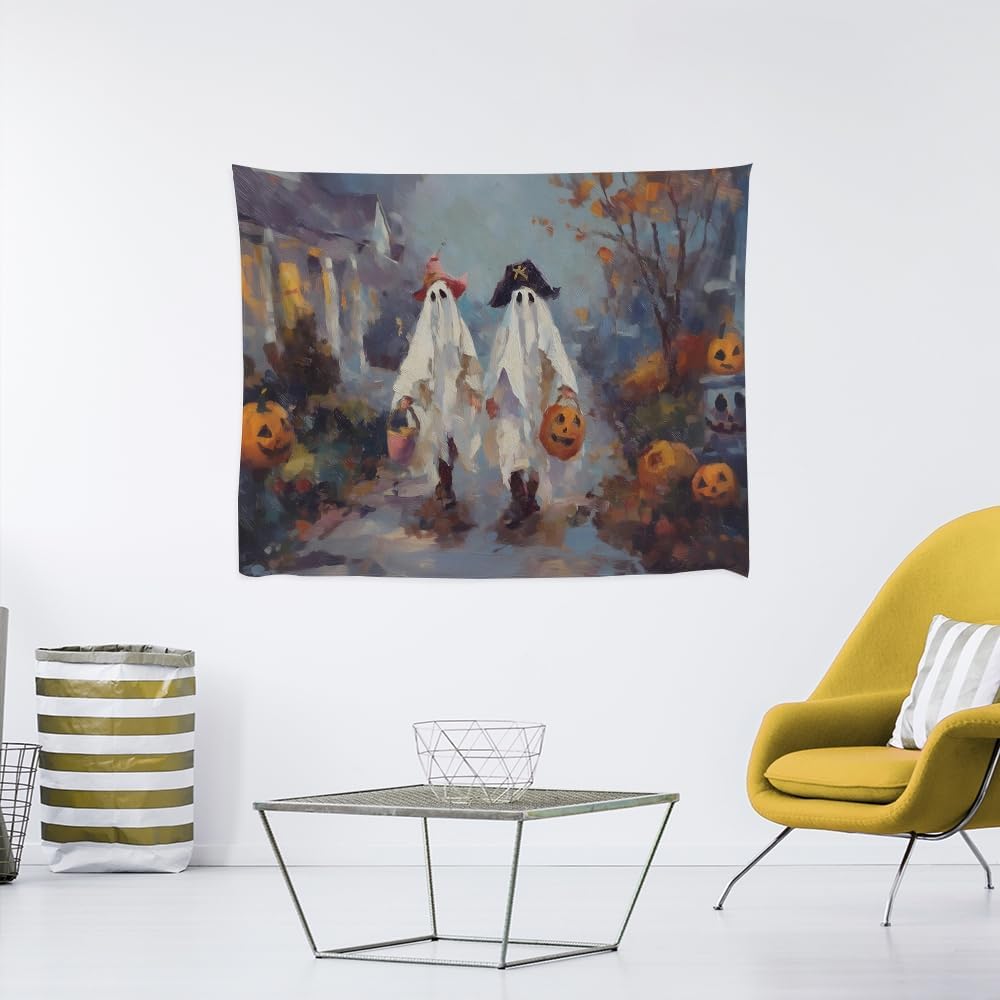 Funny Halloween Ghost Tapestry Wall Hanging Cute Kids Nursery Room Decor Trick or Treat Art Print Goth Fall Pumpkin Ghost Tapestries for Living Room Bedroom wall Decor 40x60inch