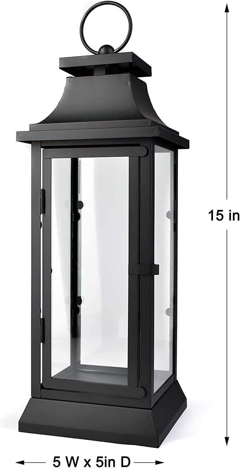 Serene Spaces Living Set of 4 Black Hurricane Lanterns with Clear Glass Panels - Ideal for Home Decor, Parties & Events - Table Top or Hanging Lantern for Indoor & Outdoor Use - Measures 15" Tall
