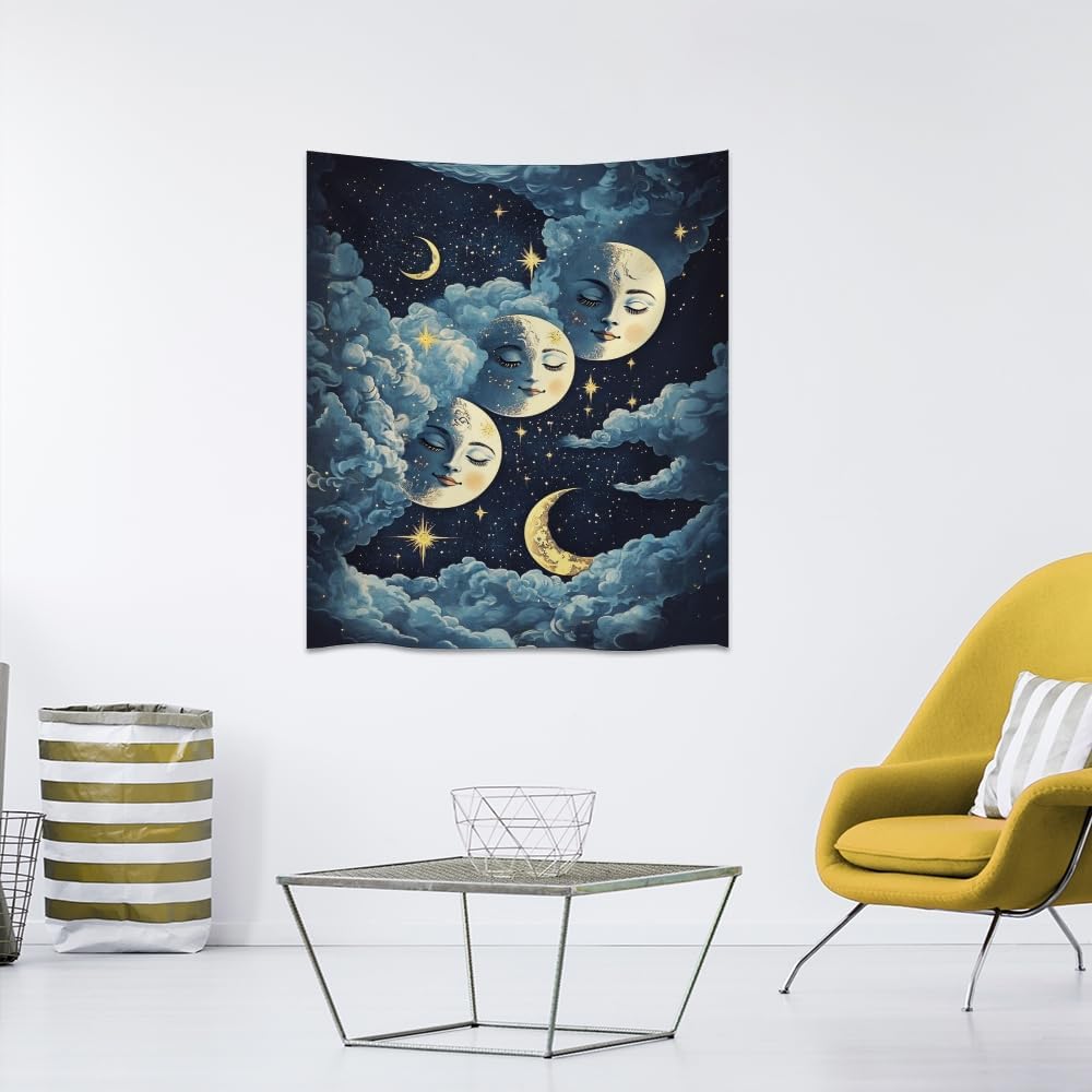 Blue Moon Faces Tapestry Celestial Wall Art Dark Academia Aesthetic Print Stars Clouds Tapestries Wall Hanging whimsical Gothic Home Decor for Bedroom Living Room 60x80inch