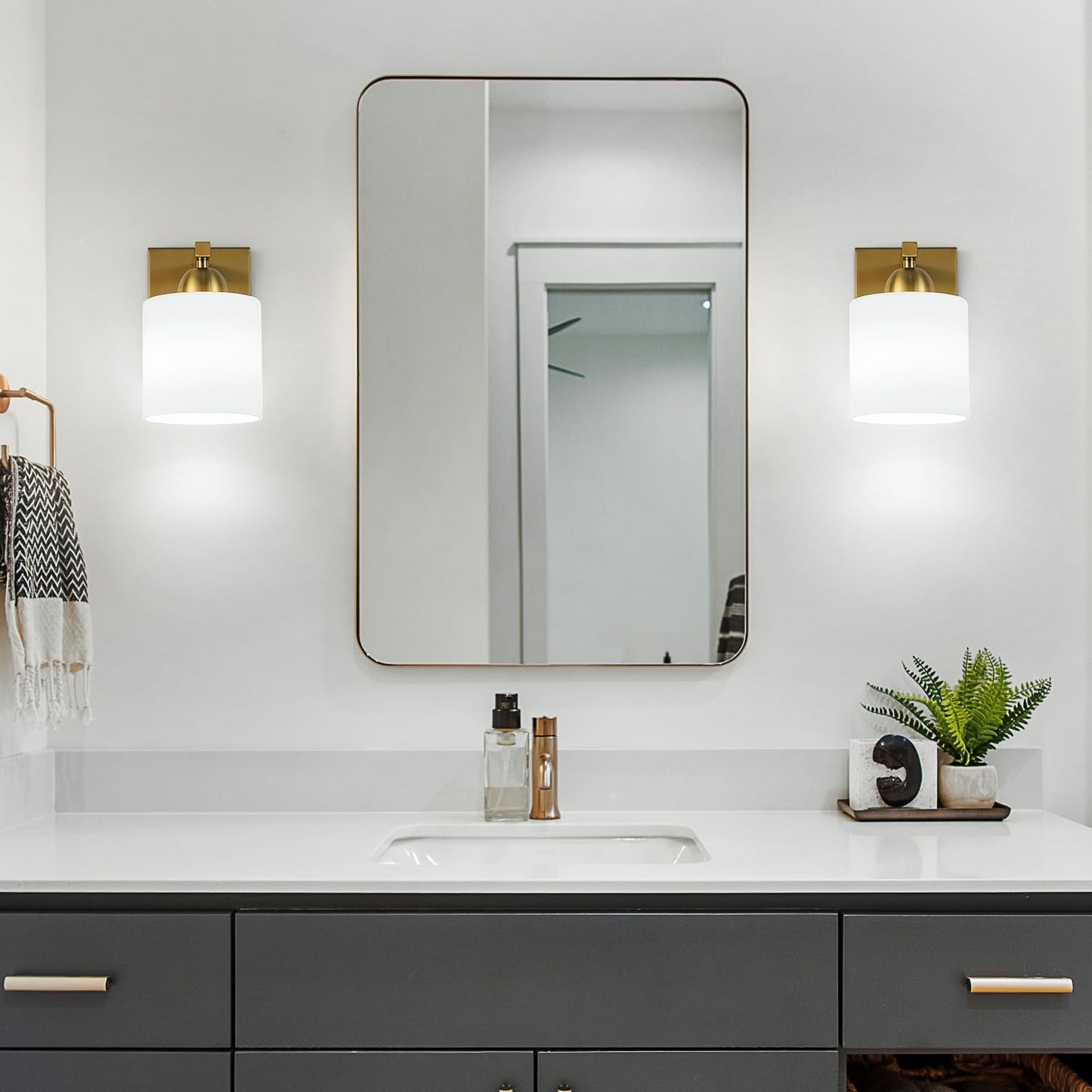 Gold Milk Glass Wall Sconces, 1 Pack Hardwired Indoor Wall Light Fixtures for Living Room, Hallway, Bedroom, Ceramic E26 Sockets (Bulbs Not Included)