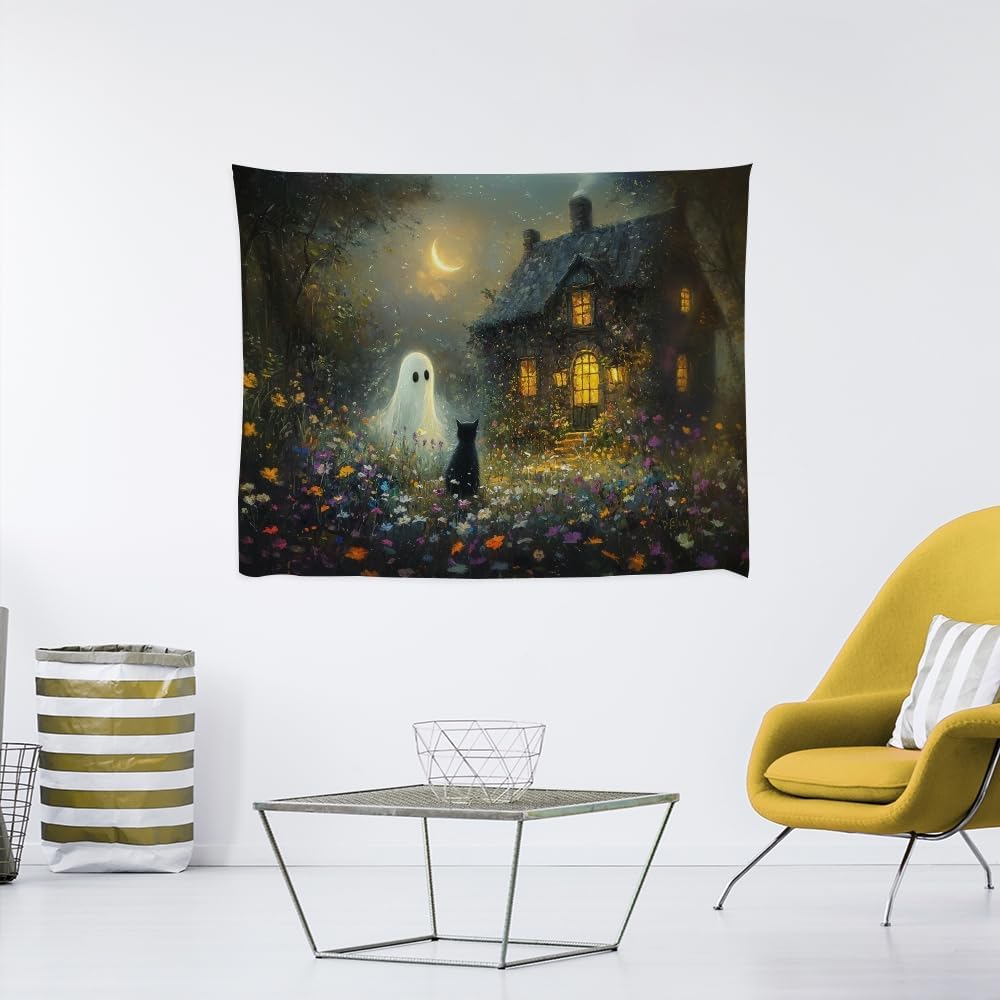 Halloween Black Cat and Ghost Tapestry Wall Hanging for Spooky Cute Bedroom Decor Dark Academia Moon Wildflower Cottage Tapestries Aesthetic for Home Living Room Decoration 60x80inch