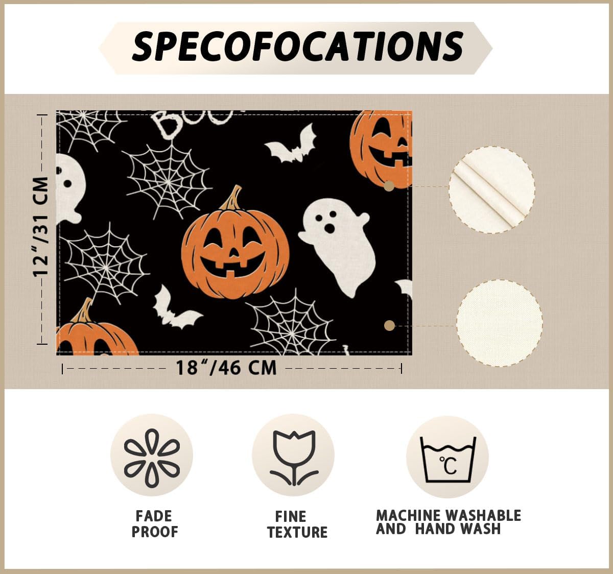 XCHI Boo Spooky Ghost Pumpkin Halloween Placemats Set of 4 Table Mats Table Decorations 12x18 Inch