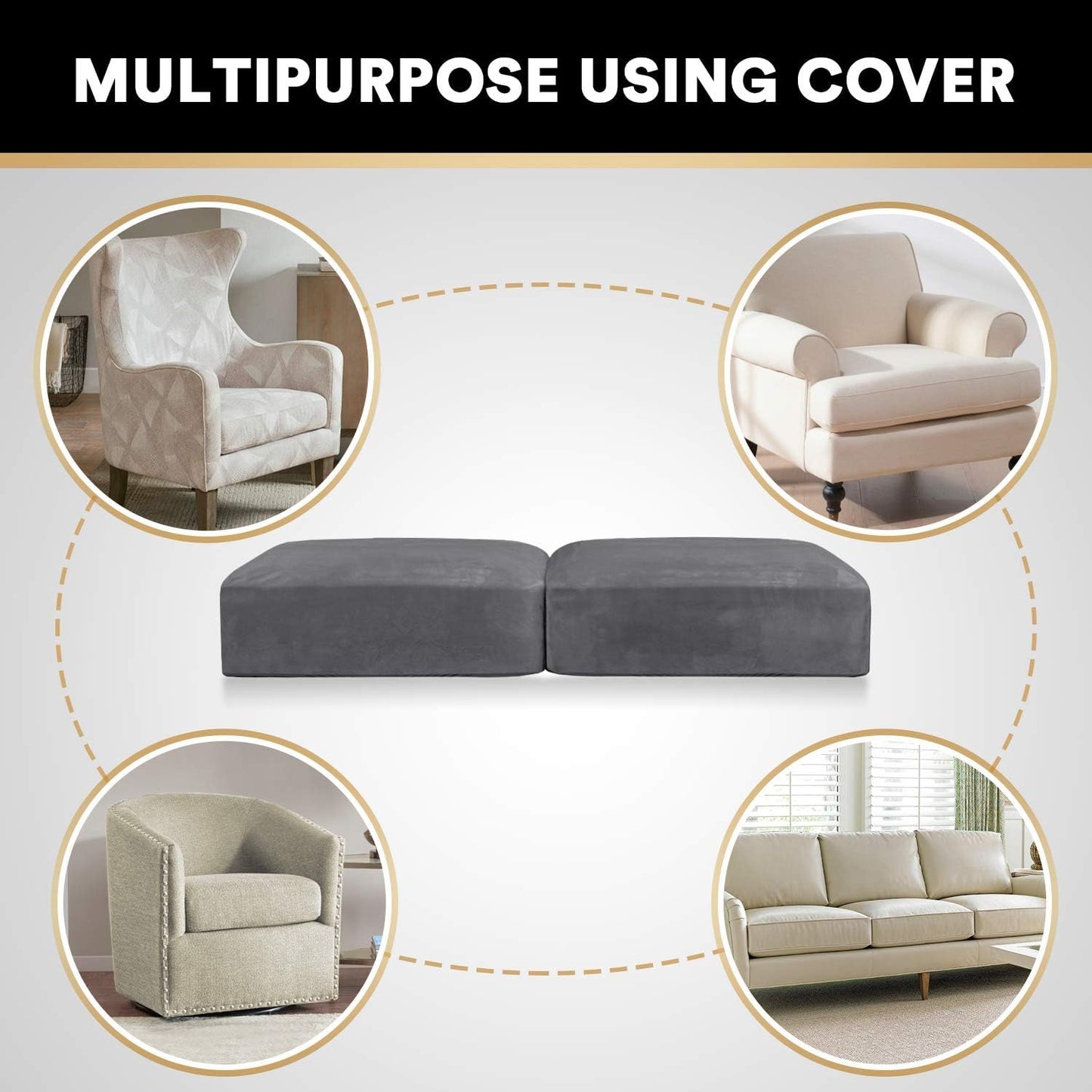 PrinceDeco Velvet Couch Cushion Cover Soft Stretch Cushion Slipcover for Chair Loveseat Sofa Cushion Furniture Protector Seat Cushion Sofa Cover (2 Piece Large Sofa Cushion Covers, Grey)