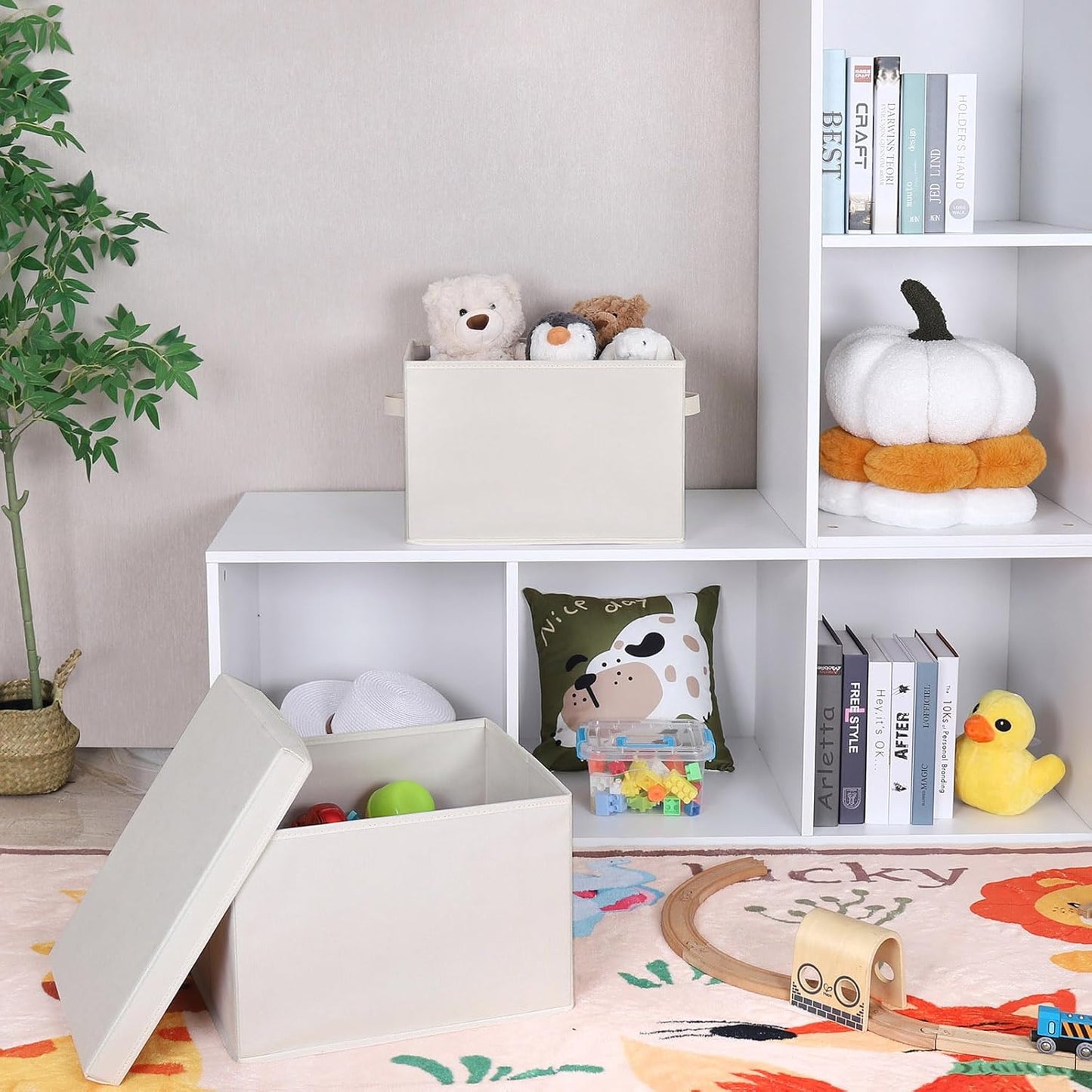 WUIKE Closet Storage Bin with Lids, Decorative Fabric Storage Bins for Clothes, Collapsible Storage Boxes for Home and Closet Organization, Beige, Extra Large, 3-Pack