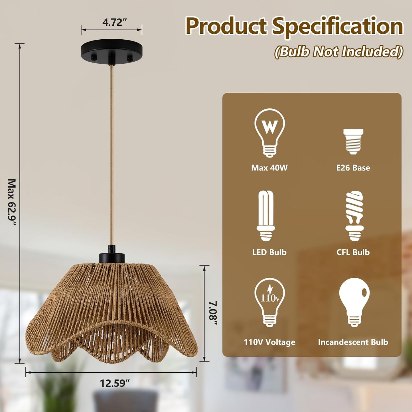 Rattan Pendant Light Fixtures,1 Light Boho Hanging Light, Farmhouse Hand Woven Wicker Chandelier, Adjustable Flush Mount Ceiling Hanging Lamp for Bedroom Dining Room Kitchen Island Hallway