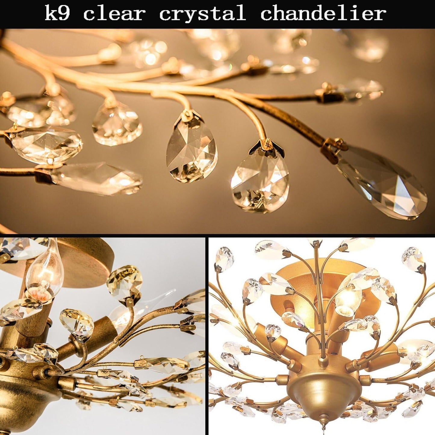 Ganeed Crystal Chandeliers,K9 Crystal Ceiling Light,Vintage Light Fixtures Pendant Lighting for Living Room Bedroom Restaurant Porch Hallway (4-Light,Golden)