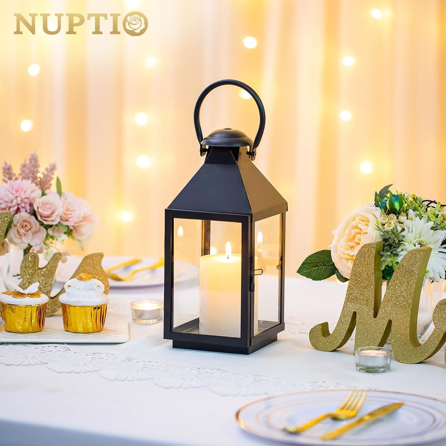 NUPTIO Black Decorative Candle Lantern: Metal Pillar Candle Holders for Table Centerpiece - 10.2in Tall Hanging Lanterns for Outdoor Wedding Party Home Living Room Fireplace Decor