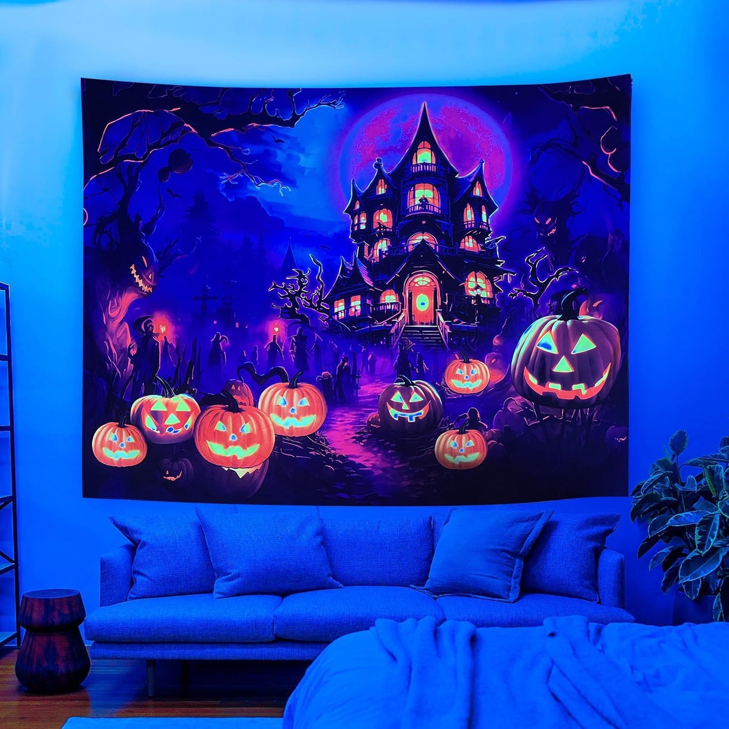 OSVINO Blacklight Halloween Castle Tapestry 90"x70" Pumpkins Ghosts Background Bedroom Aesthetic Hippie Room Decor Glow in The Dark Wall Poster for Halloween Easter