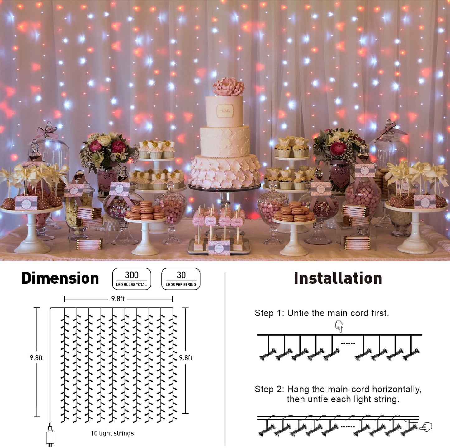 JMEXSUSS 300LED Red and White Christmas Curtain Lights with Remote, 9.8x9.8ft Christmas String Lights Plug in, 8 Modes Twinkle Hanging Fairy Lights for Bedroom Window Wall Porch Indoor Outdoor Decor
