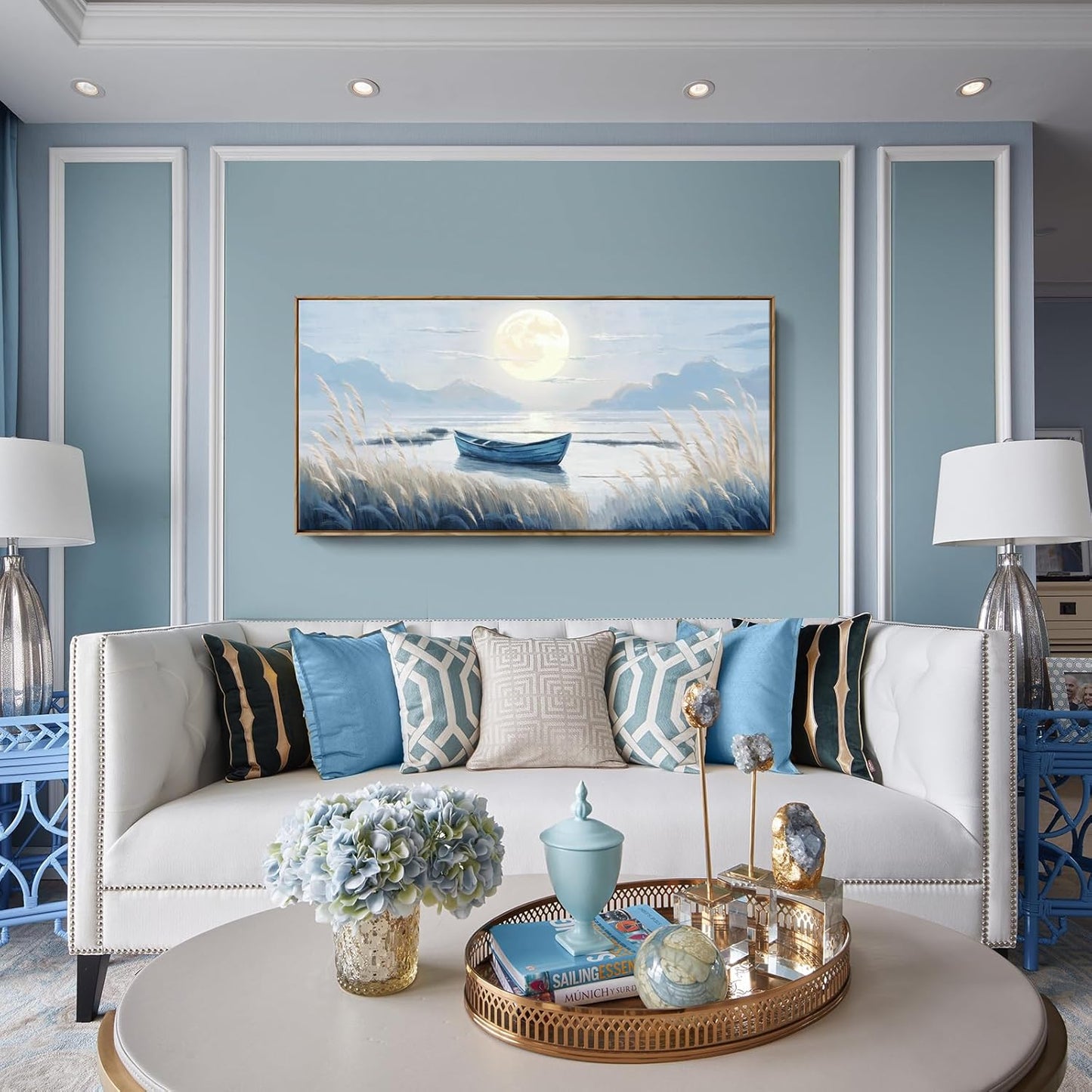 amatop Large Framed Wall Art Bedroom Living Room Decor Blue Boat Moonlight Coastal Seascape Picture Landscape Decorative Canvas Print Tranquil Night Ocean Lake Scene Artwork Nautical Wall Decor 48x24