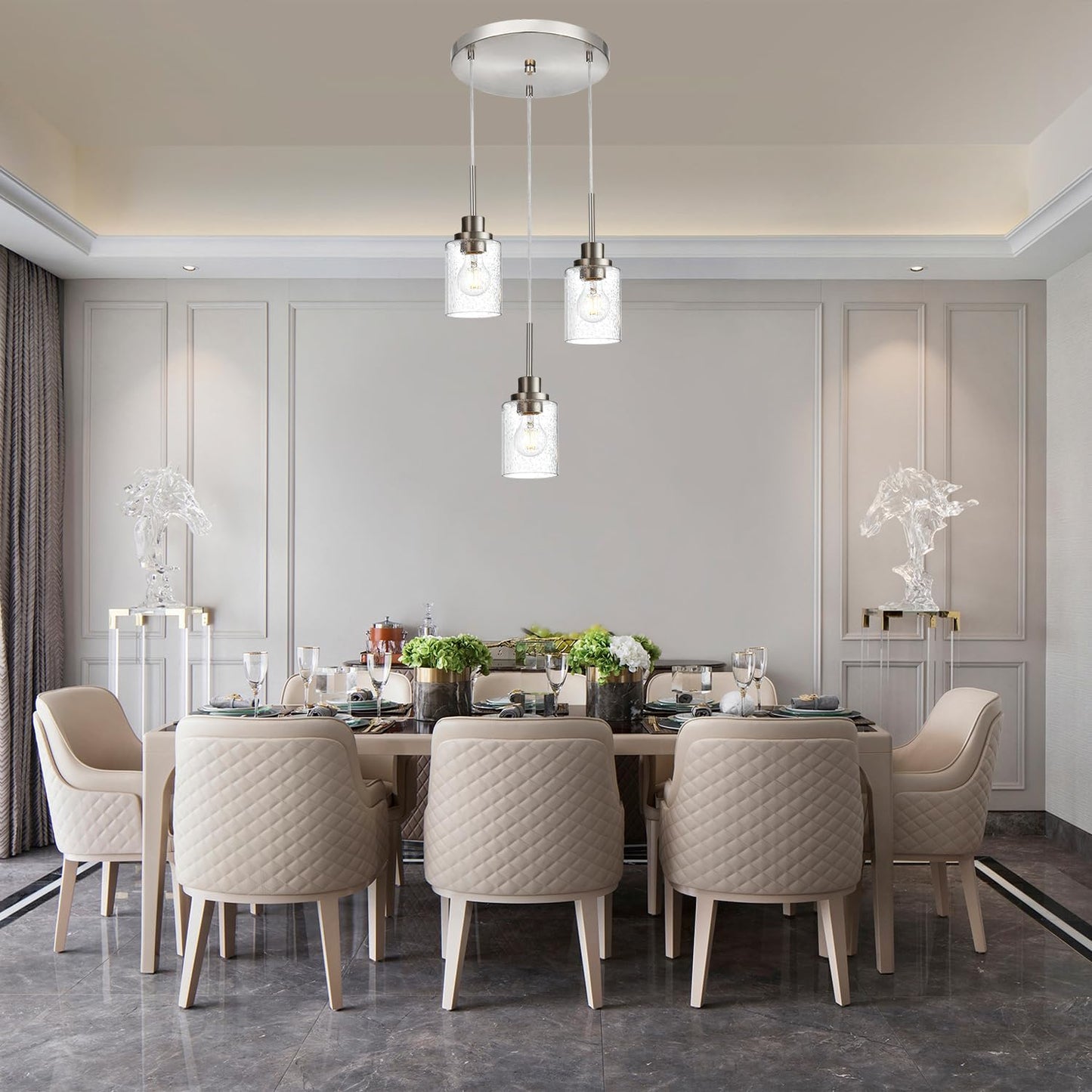 3-Light Contemporary Pendant Lighting with Clear Seeded Glass,Brushed Nickel Dining Room Chandelier Light Fixture Modern Kitchen Island Cluster Hanging Ceiling Pendant Lights for Sink Bar
