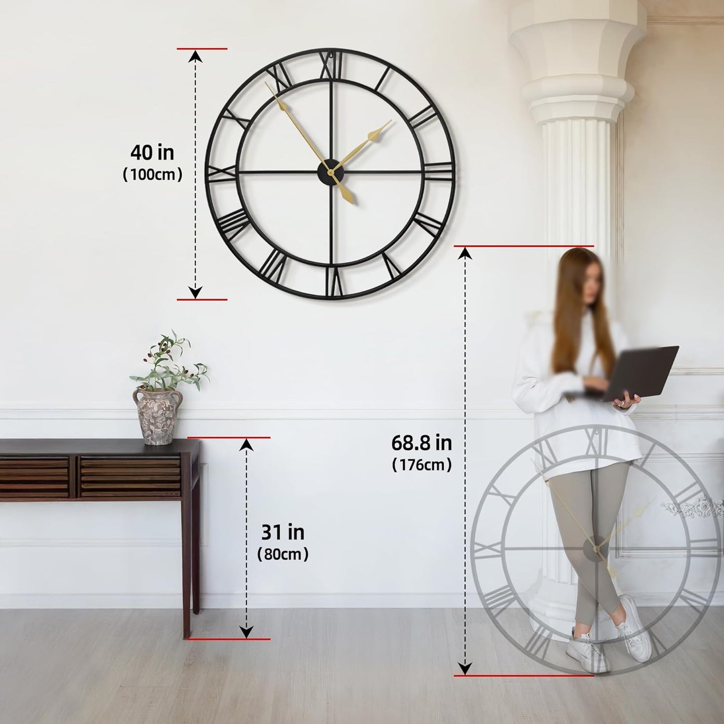 LEIKE 40 Inch Extra Large Modern Wall Clock, Oversize Rustic Round Nearly Silent Battery Operated, Black Metal Roman Numerals Wall Clocks for Living Room, Bedroom, Entrance Home Decor