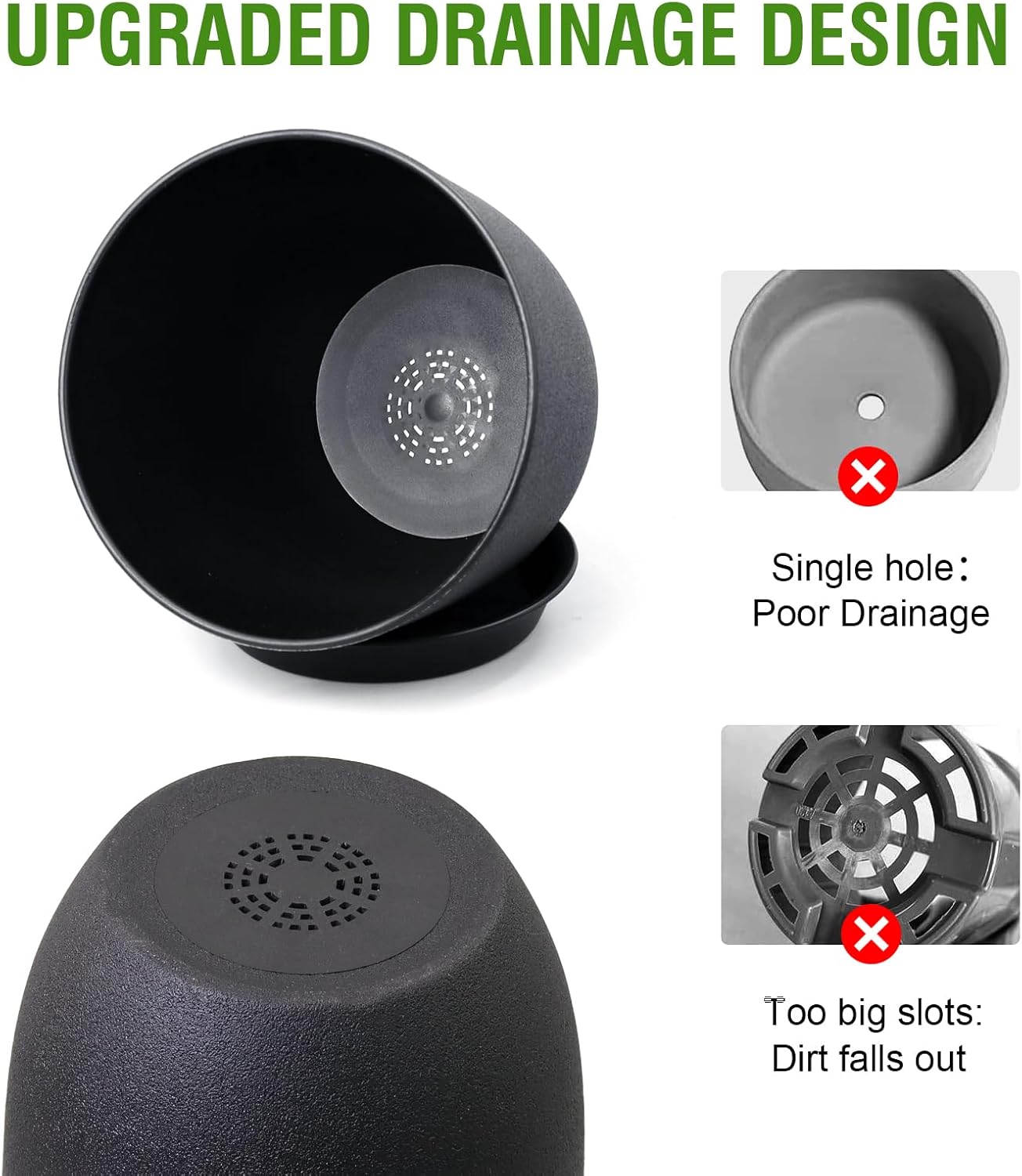 10/9/8 inch Medium Plant Pots, 3 Pack Modern Decorative Plastic Planters with Drainage Holes and Saucers, Flower Pots for Indoor Outdoor Plants, Black