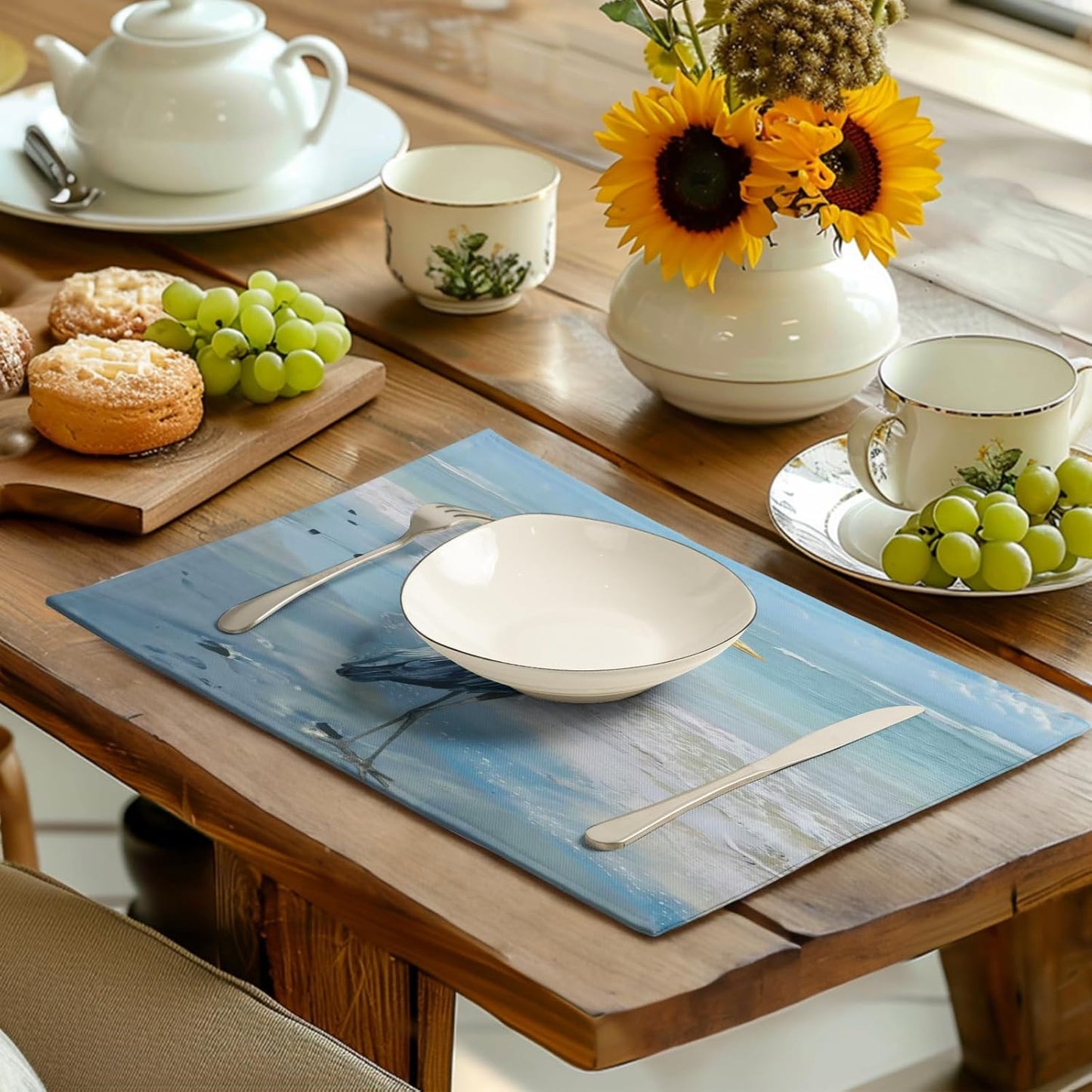 Blue Heron Placemats Set of 4 Summer Coastal Beach Pelican Placement Mats for Dining Table Nautical Ocean Bird Pattern Washable Non-Slip Heat-Resistant Linen Place Mats