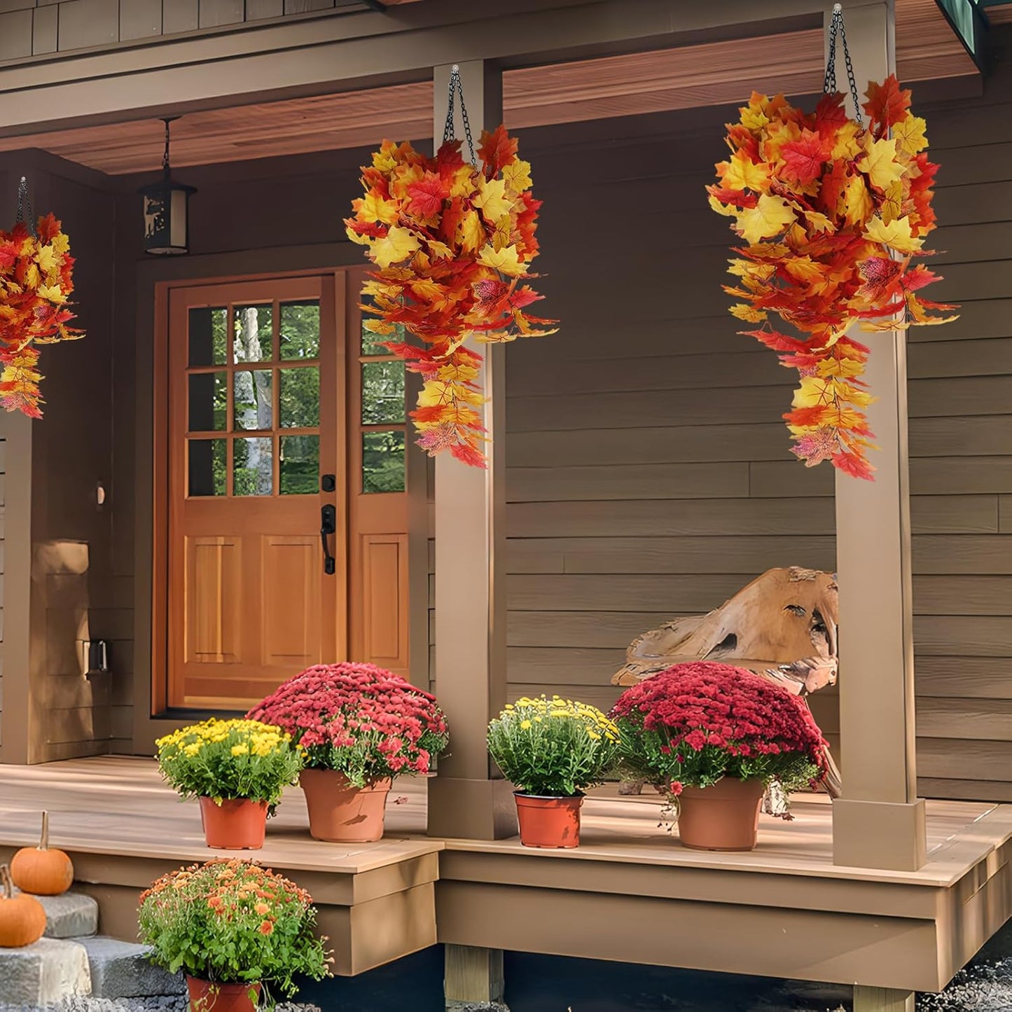 Fall Maple Leaf Hanging Plants Artificial Autumn Leaves Vines Outdoor Autumn Outdoor Decor, Artificial Fall Maple Leaves, Hanging Plants for Autumn Harvest Festival, Fake Plants Indoor(Yellow)