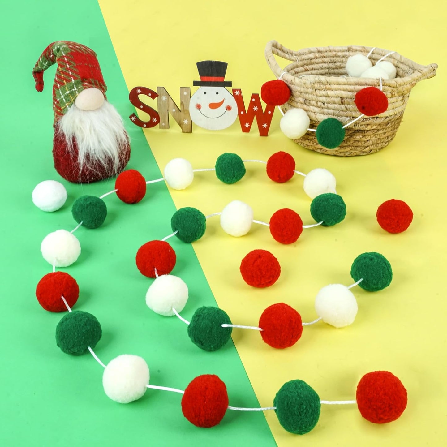 XmasExp Christmas Pom Pom Garland Decorations, Large Felt Ball Garland for Mantle, Indoor Home Decor, Tree Ornaments, Kids Room and Party Hanging Decor, 1.57" 13 Ft.