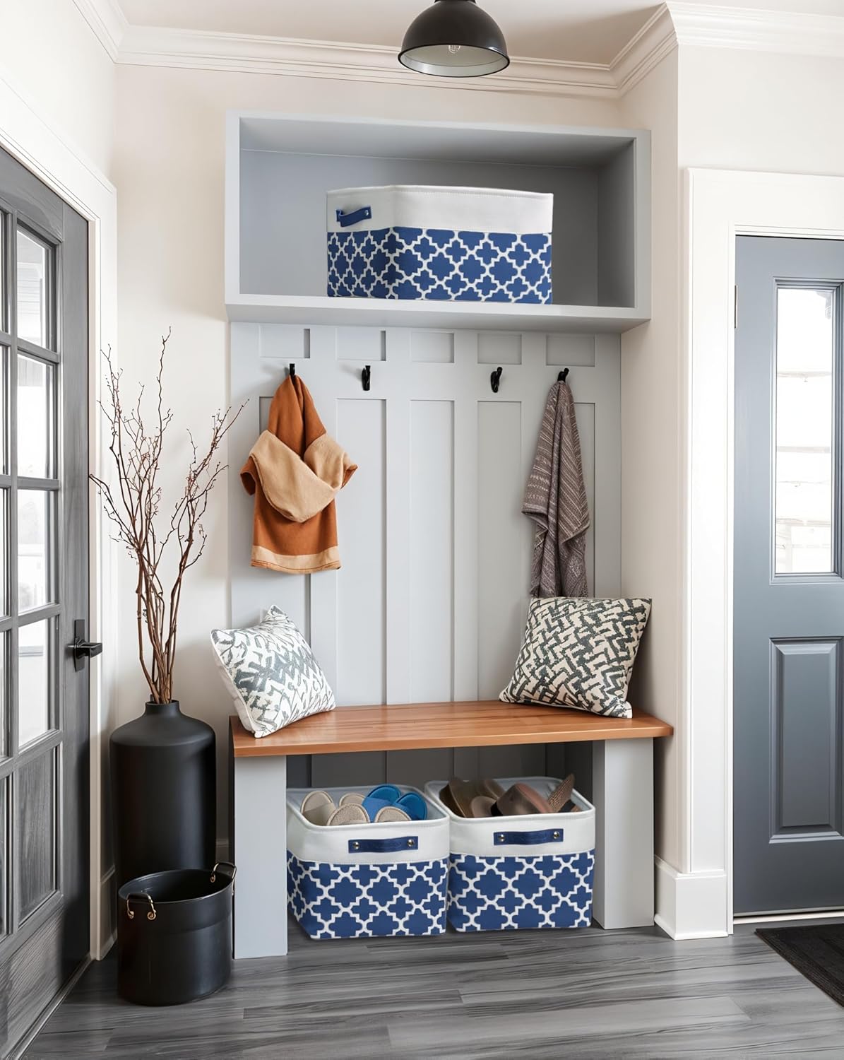 DECOMOMO Blue Storage Bins Fabric Storage Baskets for Shelves, Linen Closet Organization Toys Nursery (Blue Patterns, Large - 3 Pack)