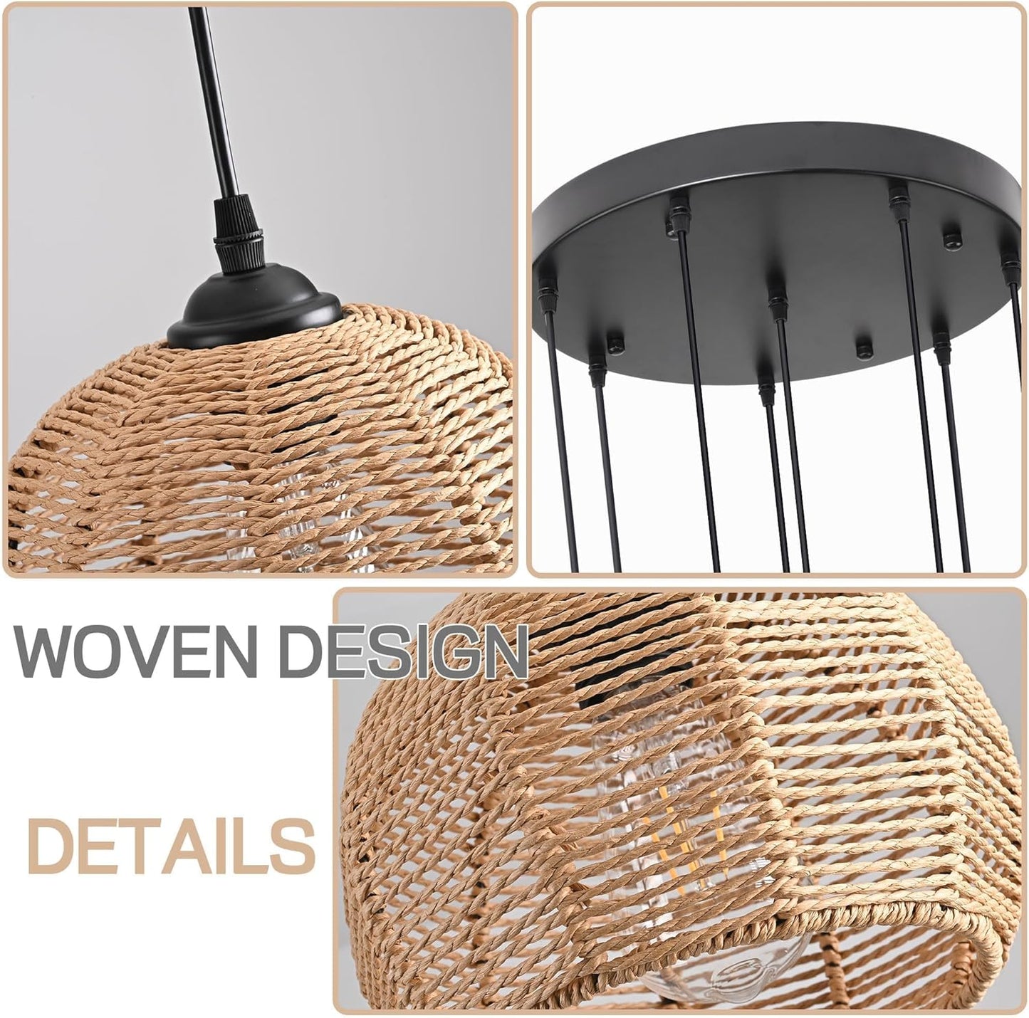 8-Light Woven Foyer Chandeliers for High Ceiling H100",8 Dome Boho Rattan Pendant Lights Farmhouse Ceiling Light,rustic Hemp rope Light Fixture For Living Room Hallway Staircase Entryway (Bulb Incl.