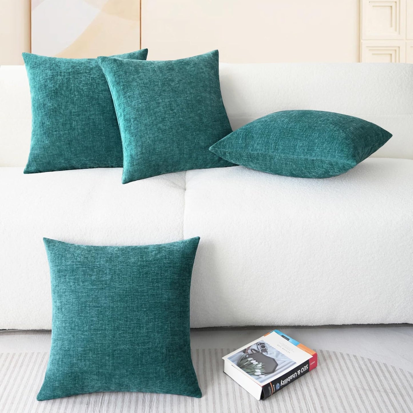 CaliTime Throw Pillow Covers Decorative 18 X 18 Inches Pack of 4 Cozy Chenille Cushion Cases for Couch Sofa Bed Living Room Home Teal