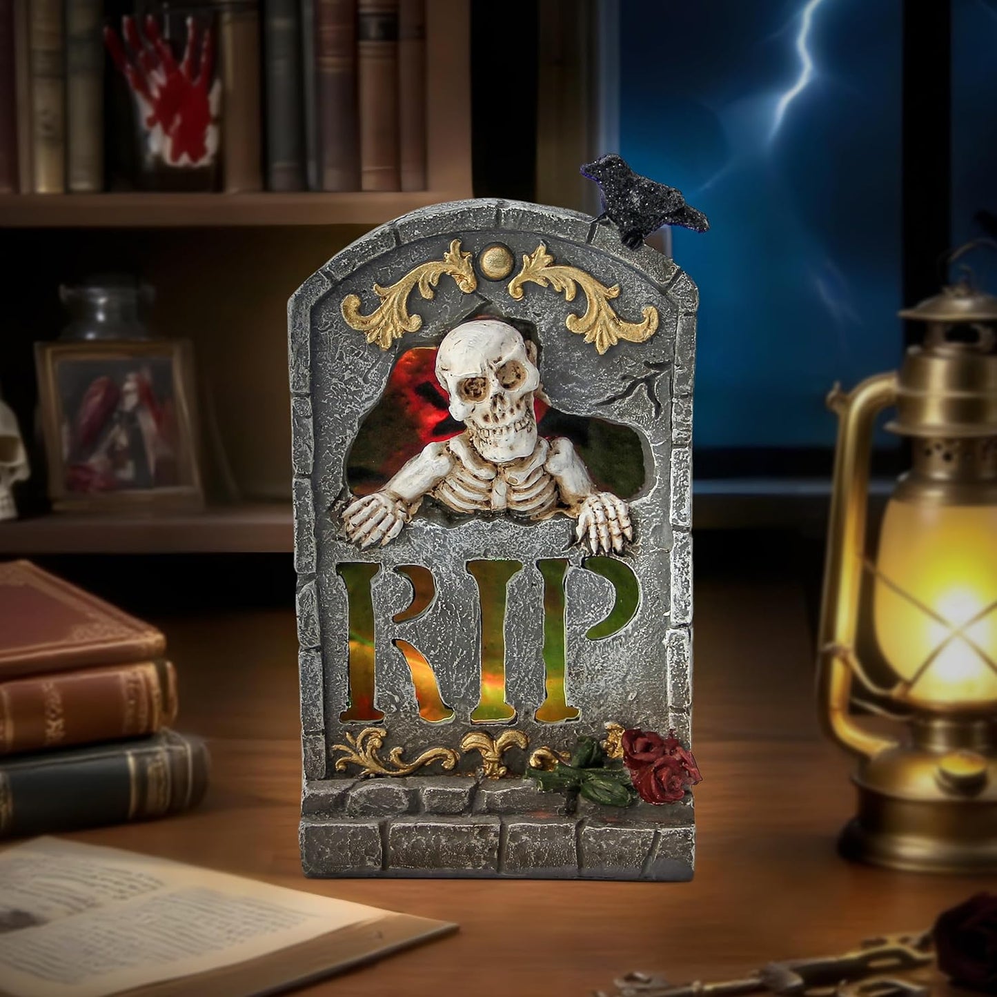 Halloween Decoration Indoor 7.6″ Tombstone Statue with LED Lights Spooky Skull Head Gravestone Skeleton RIP Lighting Changes Halloween Village for Table Shelf Home Party Outdoor Decor Gifts