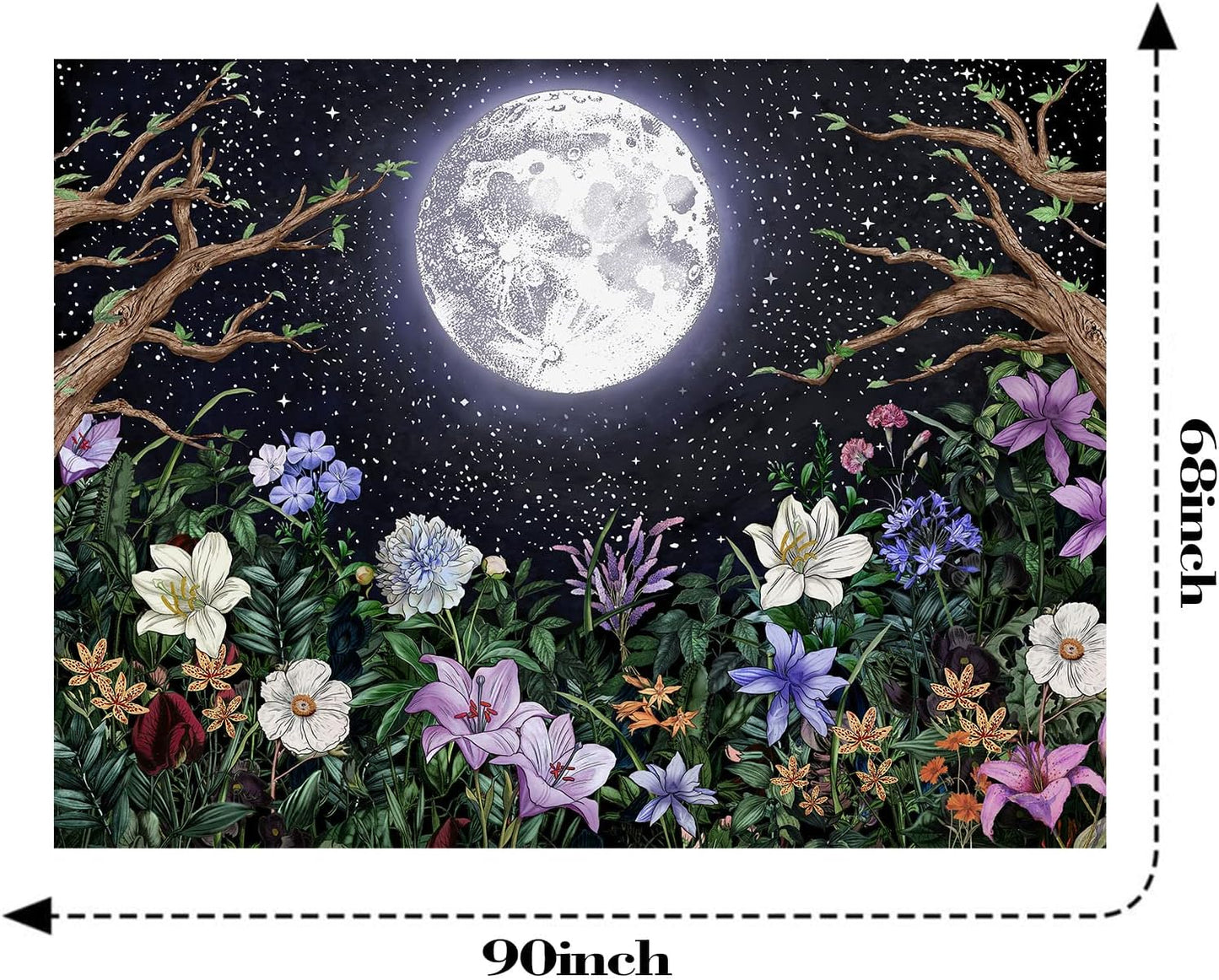 Neasow Aesthetic Moon Garden Tapestry Wall Hanging, Night Landscape with Colorful Plants Floral Tapestries for Bedroom Home Decor Multi Color 68×90 inch (172.5cm×230cm)