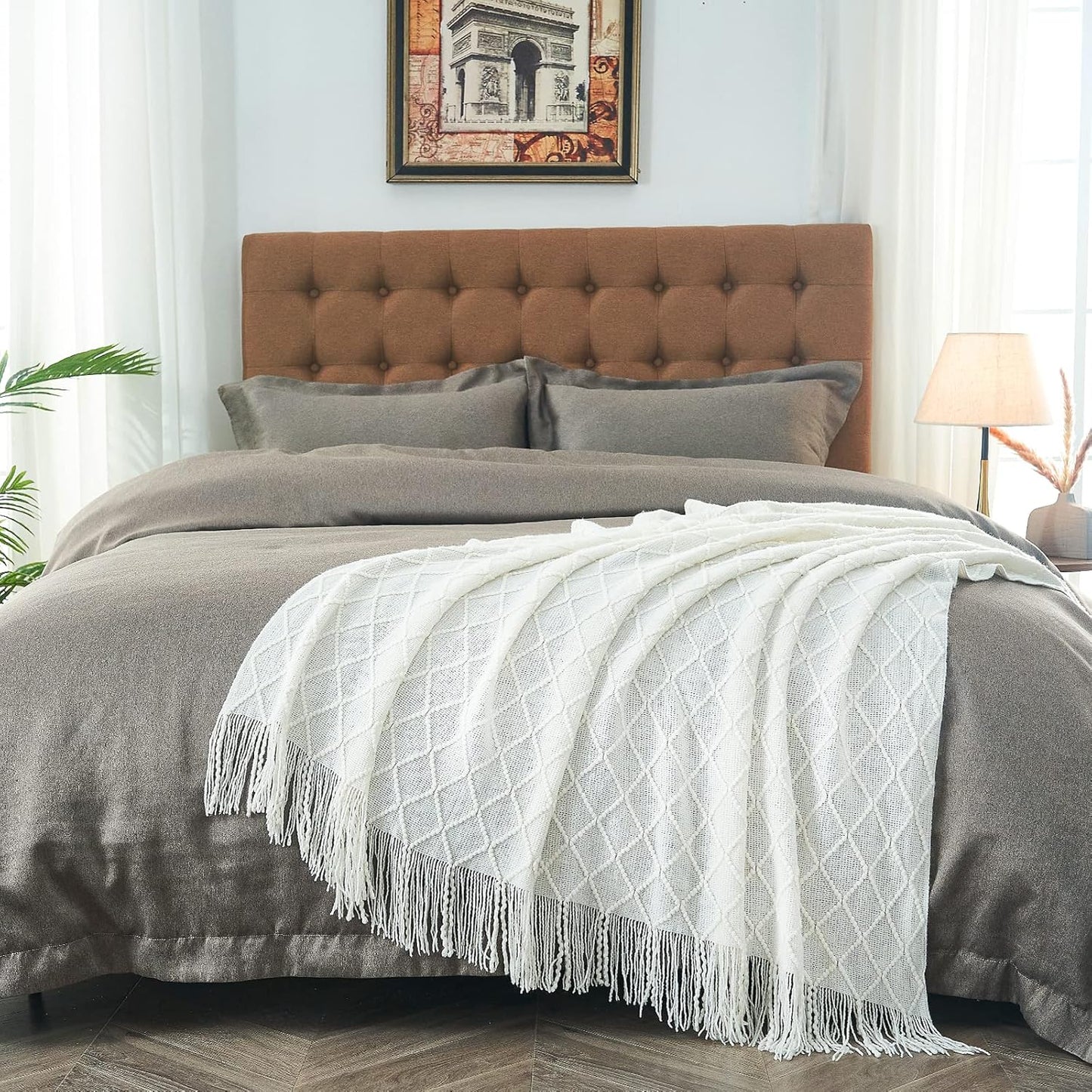 inhand Knitted Throw Blankets for Couch and Bed, Soft Cozy Knit Blanket with Tassel, Off White Lightweight Decorative Blankets and Throws, Farmhouse Warm Woven Blanket for Men and Women, 60"x80"