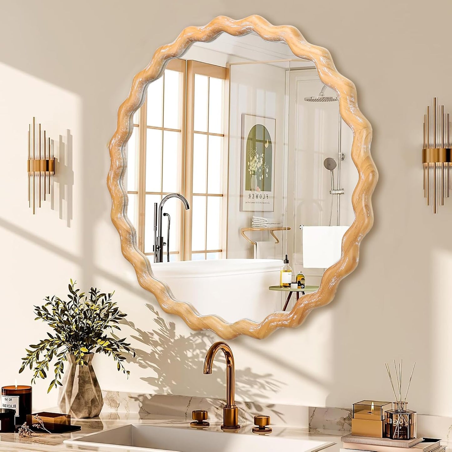 Wavy Mirror 27.5x27.5 Inch, Decorative Bathroom Mirror with Natural Wood Frame, Entry Way Mirrors for Wall, Shatterproof Glass, Mirrors for Wall Decor