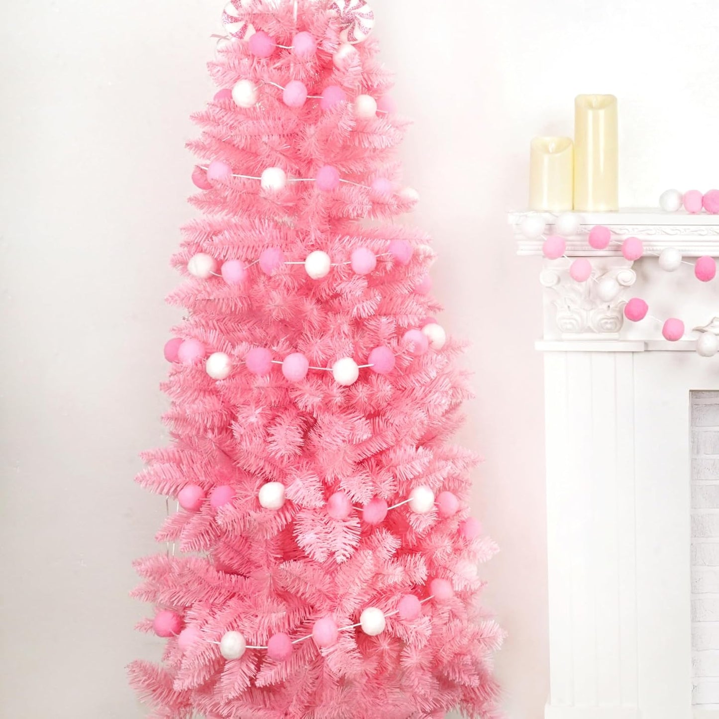 XmasExp Pom Pom Garland Decorations - Large Pink Felt Ball Garland for Baby Shower, Gender Reveal, Mantle,Tree Ornaments, Kids Room and Party Hanging Decor,13 Ft. (Pink, 1.57")