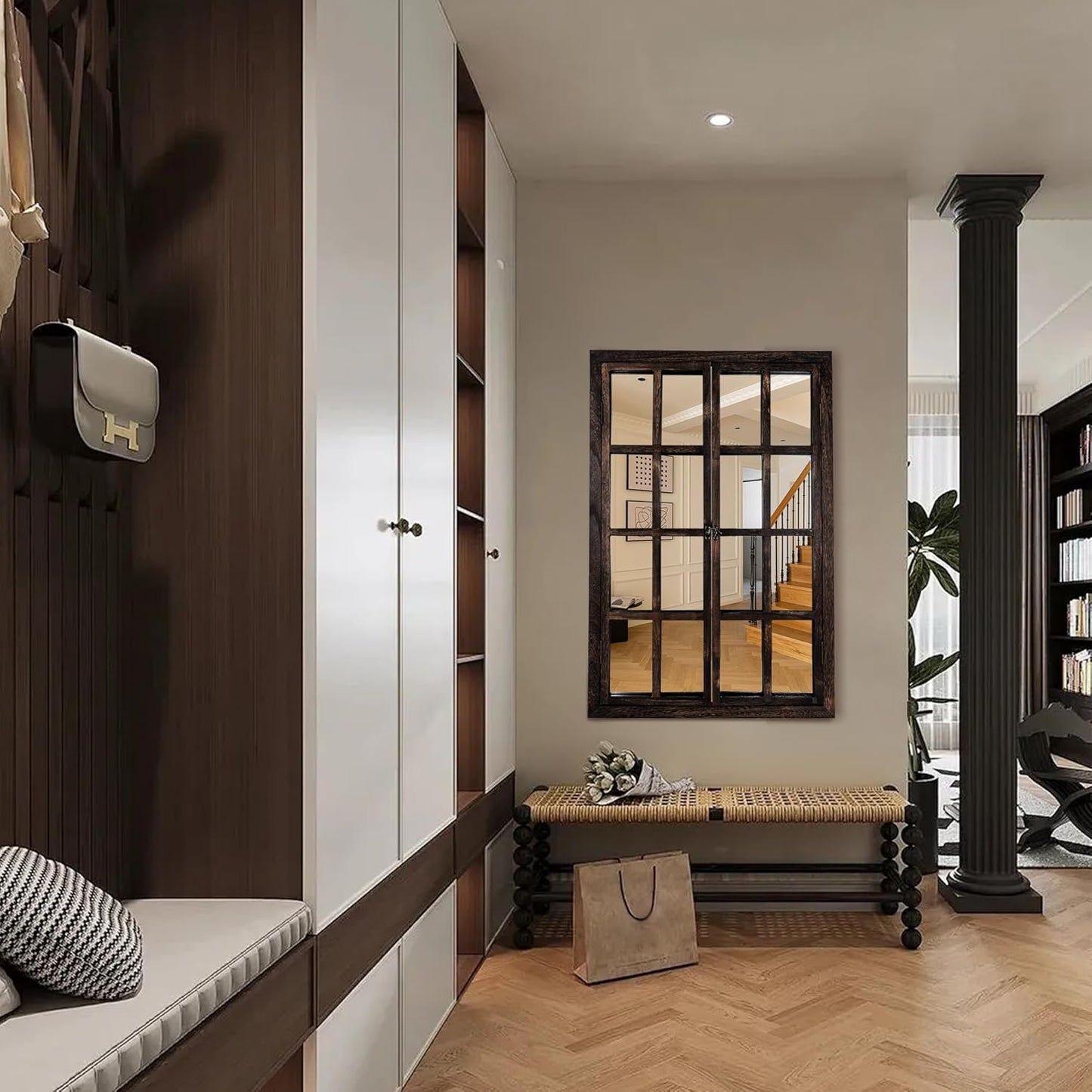 Wall Mirror with Window Design, 36"x24" Rustic Farmhouse Wood Mirror for Wall Decor, Decorative Vintage Mirror for Living Room, Bedroom, Entryway