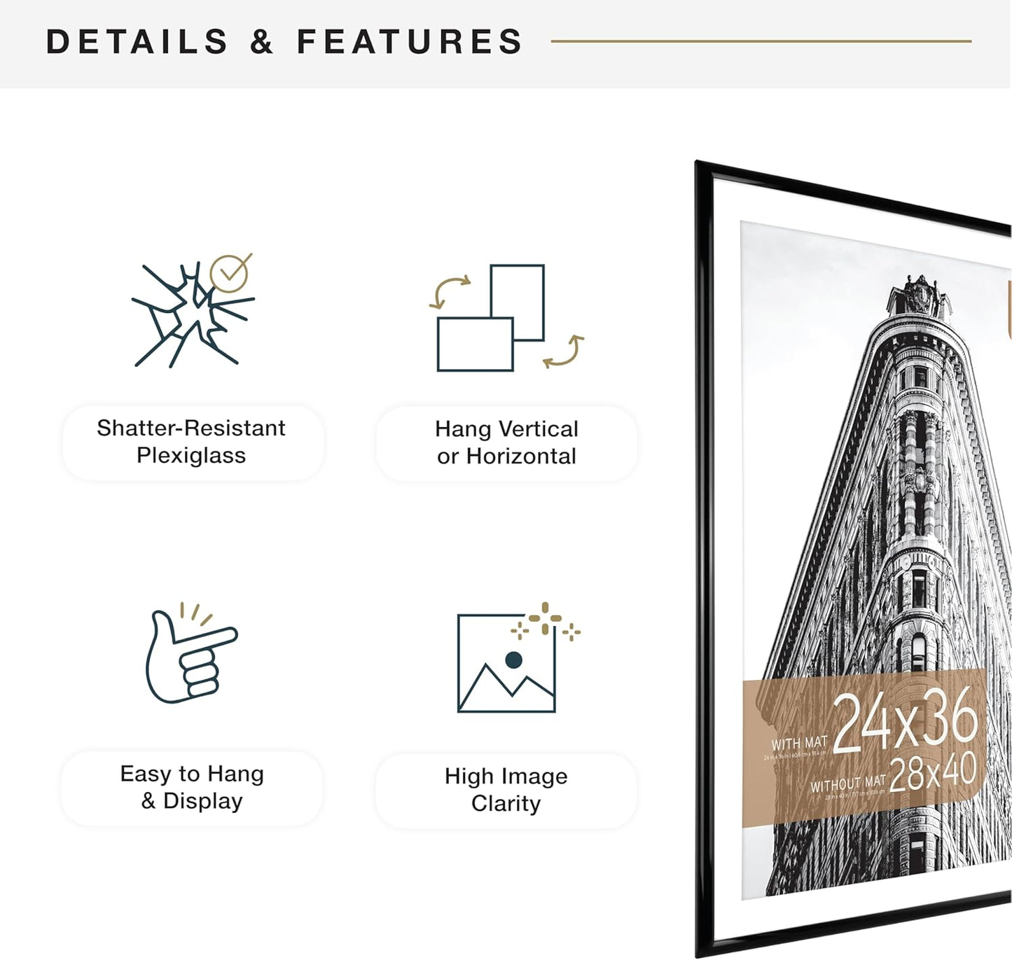 MCS Trendsetter 28x40 Matted Poster Frame with 24x36 Picture Display, Black Vertical & Horizontal Wall Hanging Large Picture Frame for Photos & Posters (1-Pack)