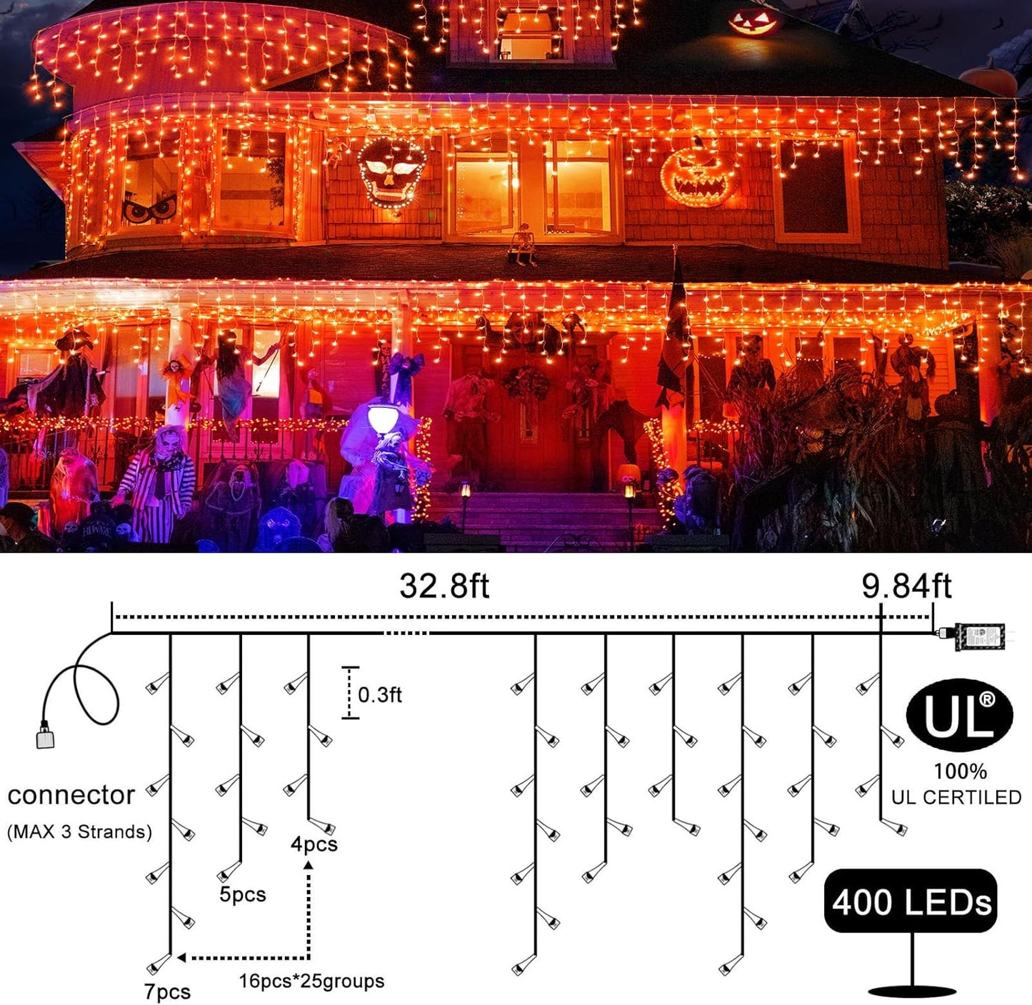 Orange Halloween Lights 33ft 400 LED Icicle Lights for Outside 8 Modes with 75 Drops, Waterproof Icicle Light Plug in for Indoor House Party Holiday Decorations