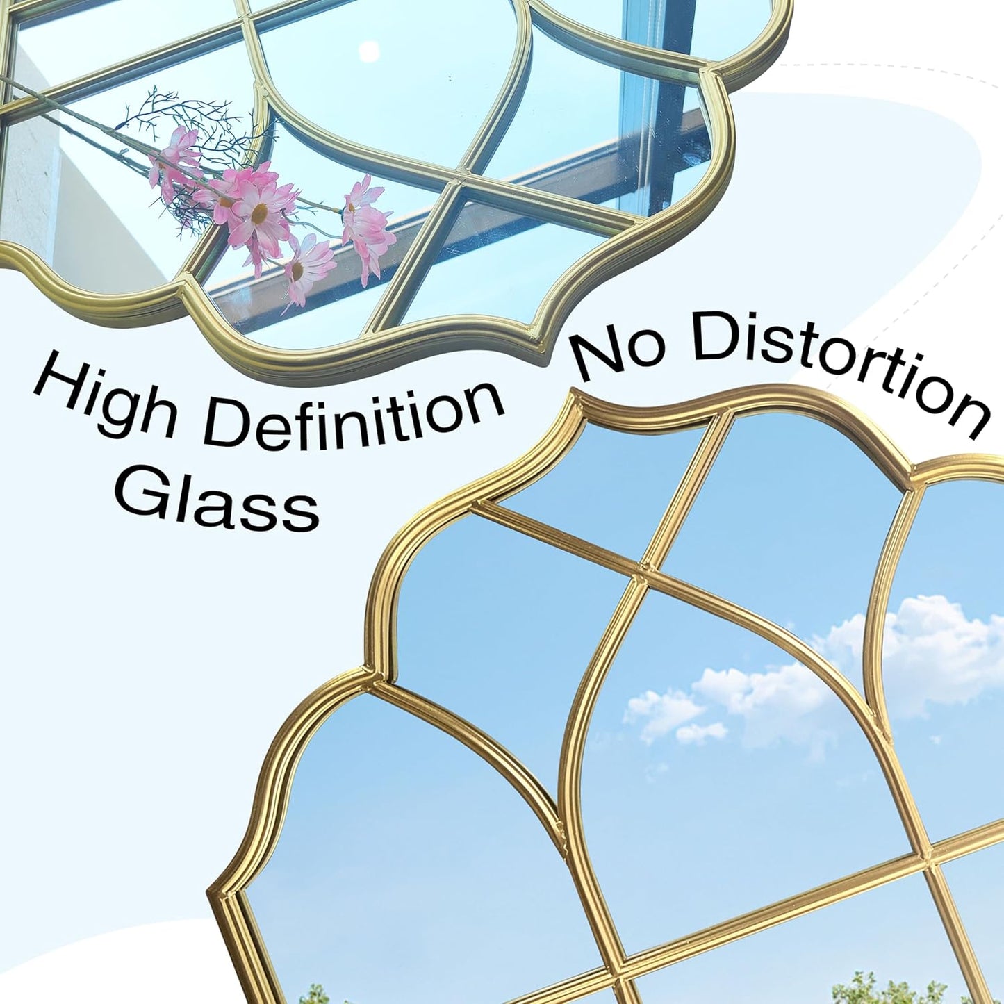 Window Mirror Pane Scalloped, Wide Arched Gold Mirrors Decorative, Cathedral Arch Wall Decor with Metal Windowpane Grid for Mantle Entryway Fireplace Hallway Living Room