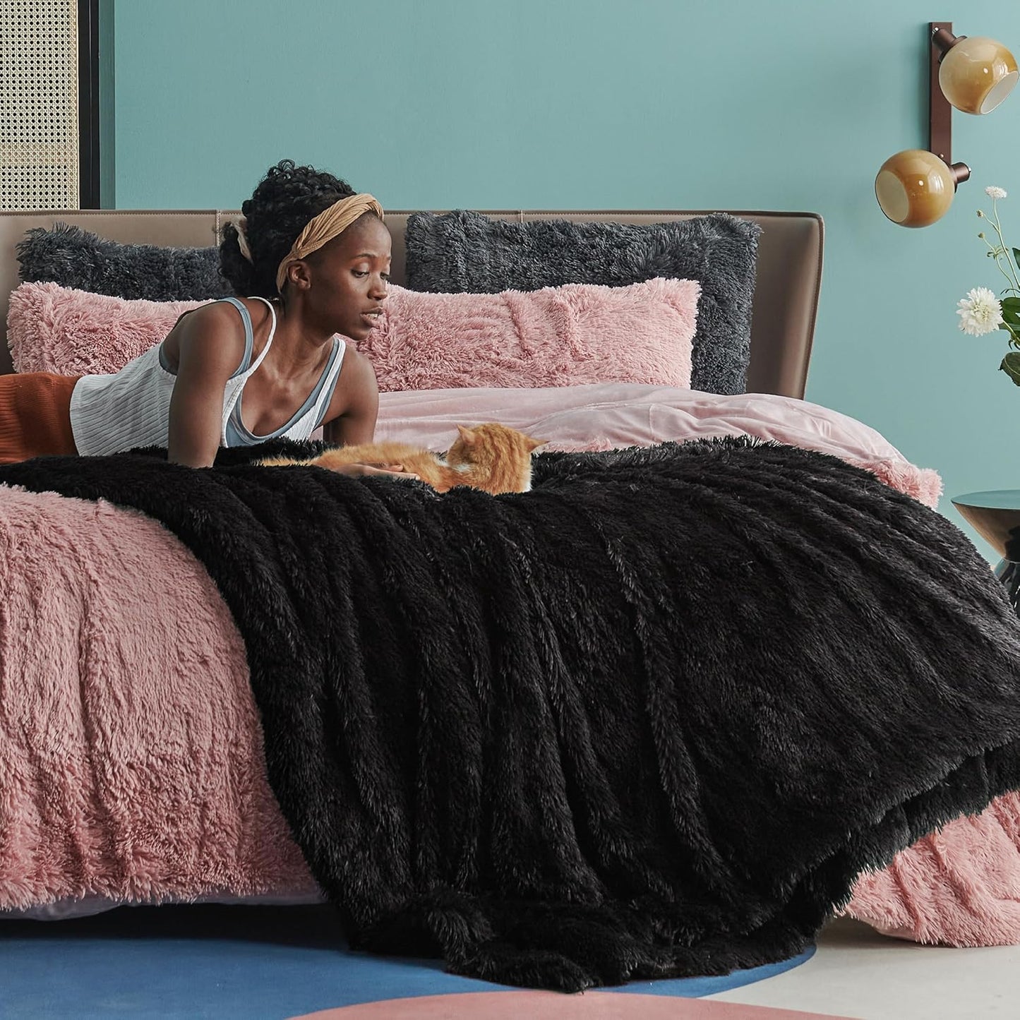 Bedsure GentleSoft Fluffy Black Blankets Queen Size for Bed, Thick Sherpa Faux Fur Fleece Fuzzy Plush Winter Warm Soft Full Queen Blankets, Bedroom Decor Black Gifts Cozy Gifts for Women Men, 90x90