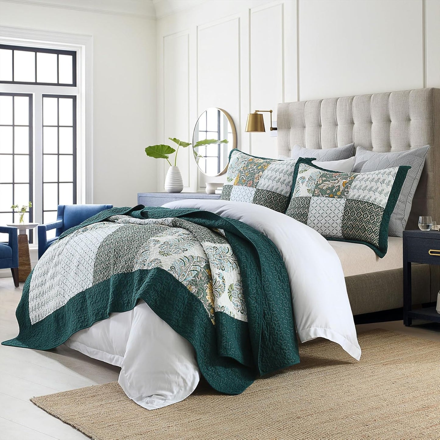 Secgo King Size Comforter Set- 100% Cotton Quilt King Size Set, Green, Emerald, bedspreads (98 * 106 Inch) with 2 Pillow Shams, Patchwork Reversible Lightweight Bedding