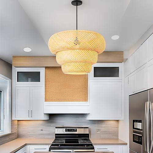 Bamboo Pendant Light,18.5" Boho Rattan Hanging Light 3-Tier Hand Woven Wicker Chandelier for Kitchen Island for Kitchen Island Dining Bedroom Living Room Restaurants