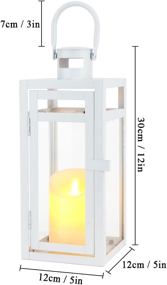 TRIROCKS Stainless Steel Decorative Lantern 12'' High Metal Candle Holder with Clear Glass Panels Perfect for Home Decor Living Room Parties Events Tabletop Indoor Outdoor (White)