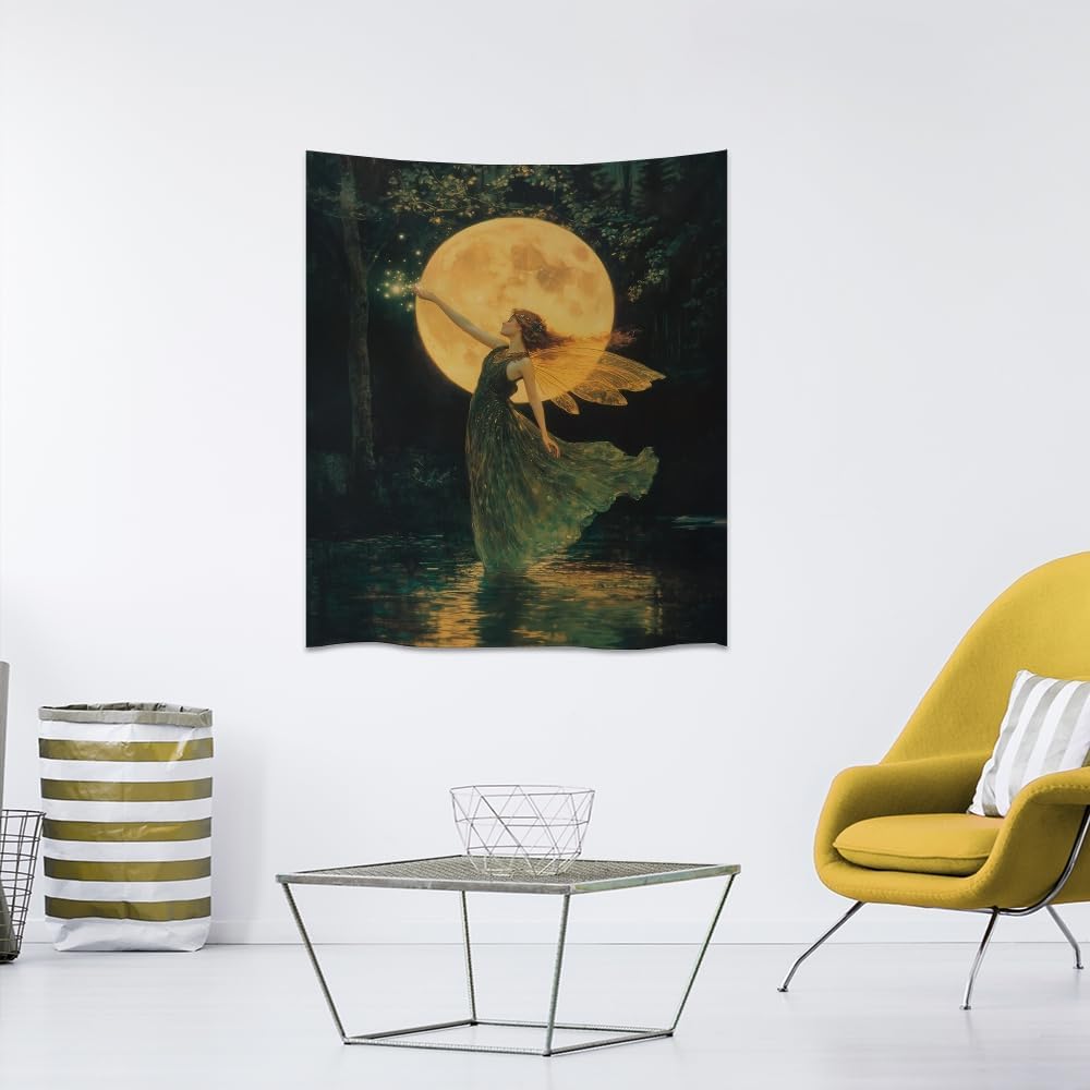 Whimsical Fairy Tapestry Fantasy Moonlight Fae Goddess Print Moody Gothic Aesthetic Wall Hanging Magical Forest Pictures Dark Cottage Witchy Tapestries for Girls Room Bedroom 40x60inch