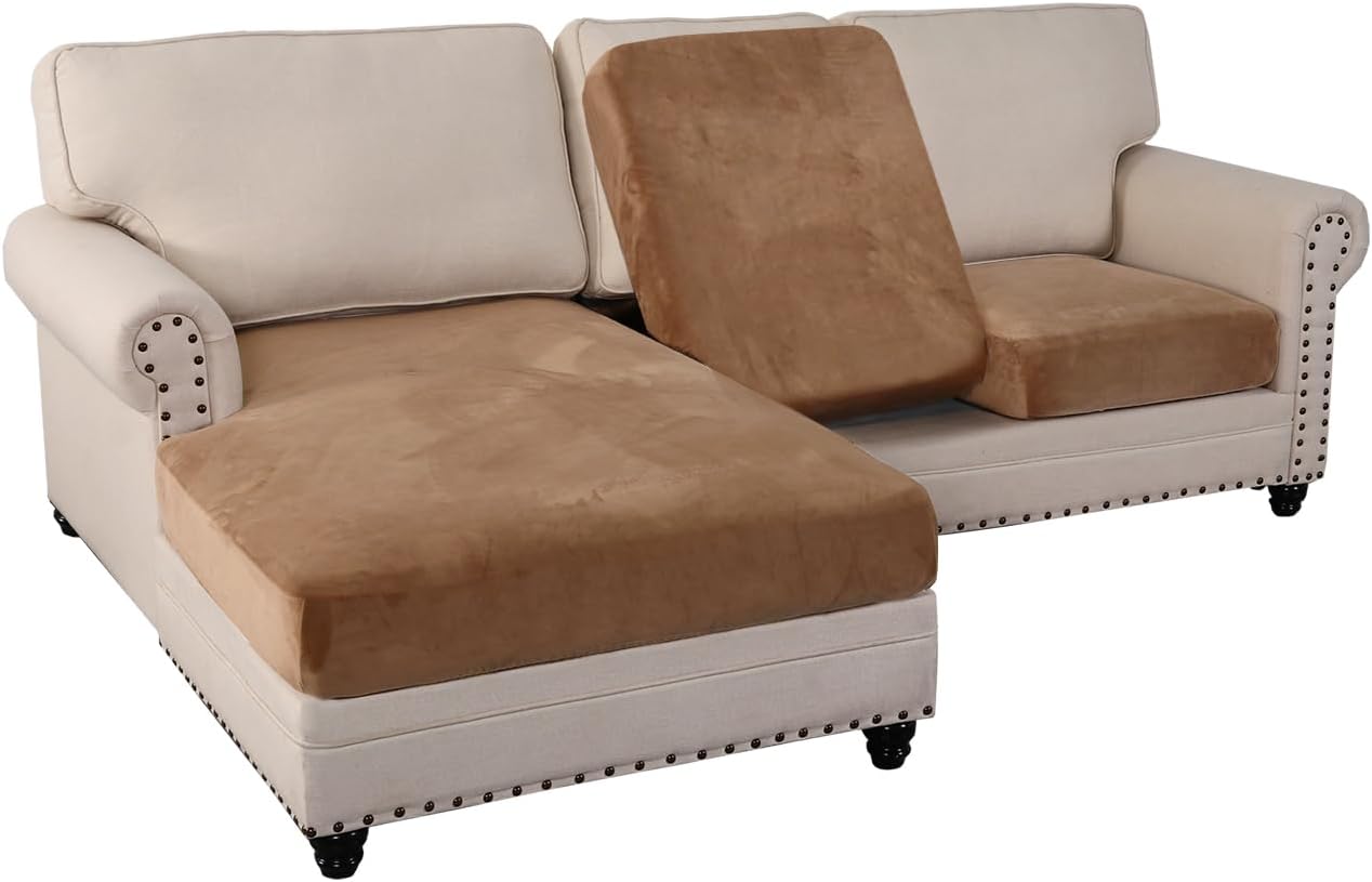 PrinceDeco Sectional Couch Covers 3 Pieces Velvet Sofa Covers L Shape Soft Couch Covers for Sectional Sofa Corner Sofa Cover Couch Cover for Dogs Washable (2 Seater + 1 Chaise,Camel)