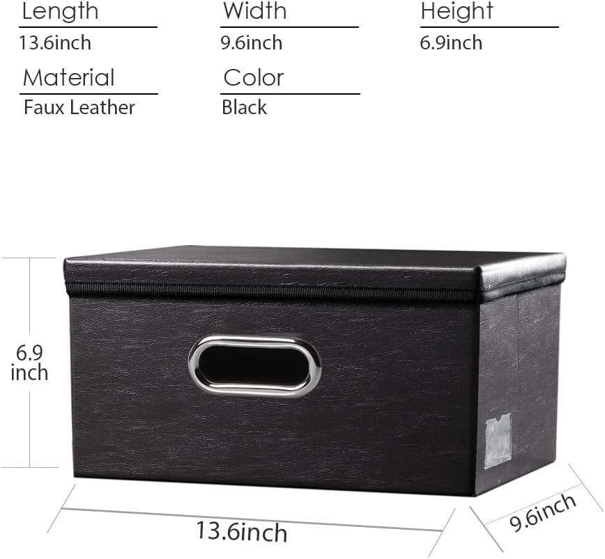PRANDOM Collapsible Storage Box with Lid [1-Pack] Leather Fabric Foldable Storage Bin Organizer Container Basket Cube with Cover for Home Bedroom Closet Office Nursery Black (13.6x9.6x6.9)