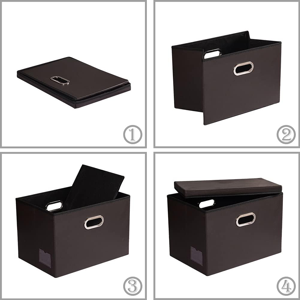 PRANDOM Large Foldable Storage Bins with Lids [3-Pack] Leather Fabric Collapsible Storage Boxes Organizer Containers Baskets Cube with Cover for Home Bedroom Closet Office Brown(17.7x11.8x11.8)