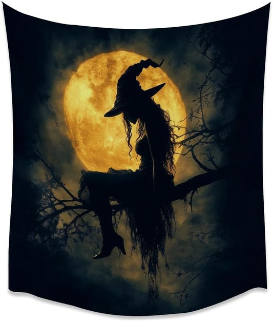 Halloween Witch Tapestry Wall Art Witchcore Moon Aesthetic Print Dark Academia Gothic Tapestries Wall Hanging Horror Ghost Halloween Party Decor for Home Living Room Bedroom 60x80inch