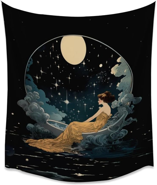 Dark Academia Tapestry Celestial Moonlit Bathing Lady Print Trendy Aesthetic Gothic Wall Hanging Vintage Art Nouveau Tapestries Wall Decor for Bedroom Living Room Dorm 70x90inch