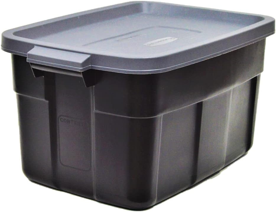 Rubbermaid Roughneck Tote 14 Gal, 6 Pack, Made in USA, Black & Gray, Rugged Plastic Stackable Storage Bins with Lids and Handles