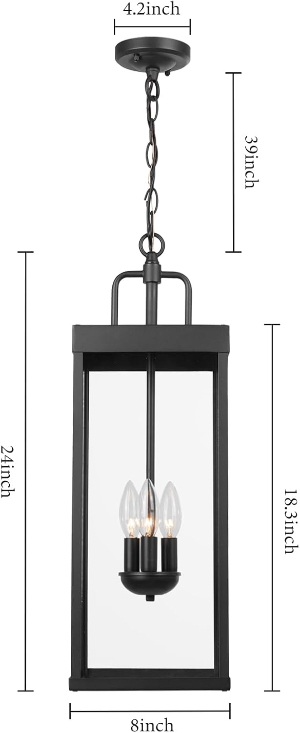 Large Outdoor Pendant Lantern Light Fixture for Front Porch, 24 Inch 3-Light Black Exterior Hanging Chandelier with Clear Glass, Outdoor Indoor Pendant Lamp for Patio, Gazebo, Entryway, Doorway