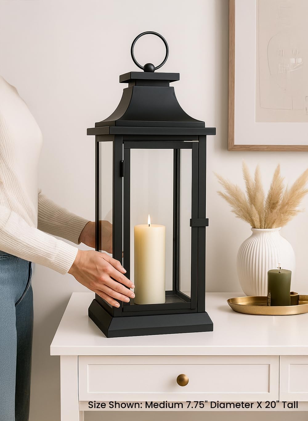 Serene Spaces Living Black Metal Hurricane Lantern with Clear Glass Panels – Hanging or Tabletop Decorative Lantern for Indoor & Outdoor – Weddings, Parties, Home Decor, 20" Tall & 7.75" Square