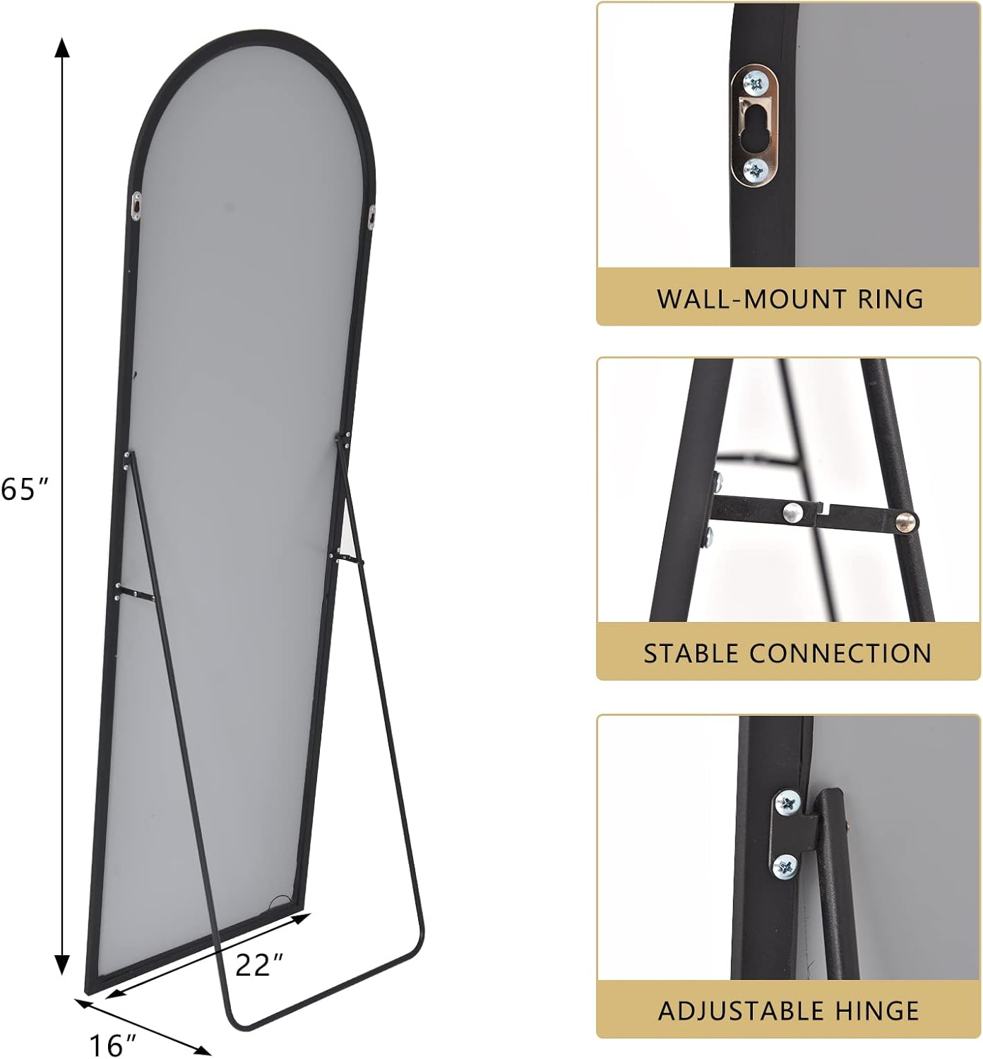 BEAUTYPEAK 64"x21" Arch Full Length Mirror, Hanging or Leaning Arched-Top Full Body Mirror with Stand for Bedroom, Dressing Room, Black