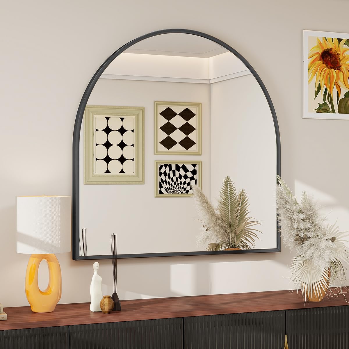 BEAUTYPEAK 31"x32" Arch Bathroom Mirror, Wall Mounted Vanity Metal Frame Mirror for Bedroom, Entryway, Living Room, Black