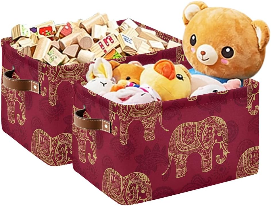 susiyo Foldable Storage Bins Large Collapsible Fabric Storage Baskets with Leather Handles Organizing Box for Shelves Home Bedroom Nursery Office 2 Pack，Indian Tribal Elephants
