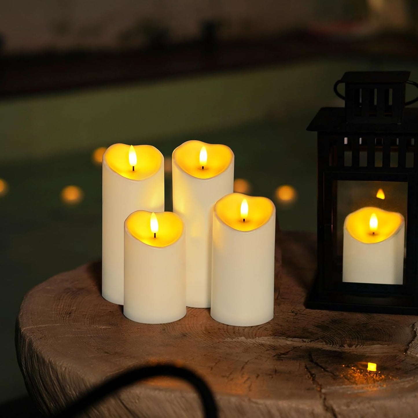 Homemory Outdoor Waterproof Flameless Candles, LED Candles, Battery Operated Candles with Remote and Timers, Electric Fake Plastic Pillar Candles, Ivory White, D3 H4 5" 6" 8" 8", Set of 5