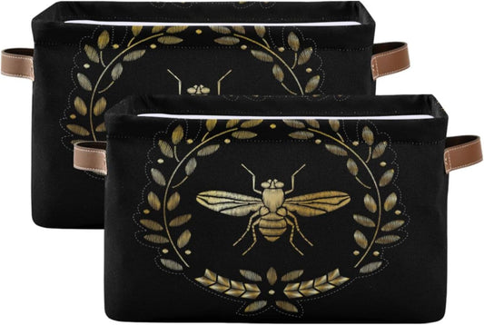 susiyo Storage Baskets for Shelves Organizer Baskets with Metal Frame Closet Storage Bins Fabric Bins Cubes with PU Handles for Organizing Shelf Nursery Toys 2 PACK,Gold Bee Floral